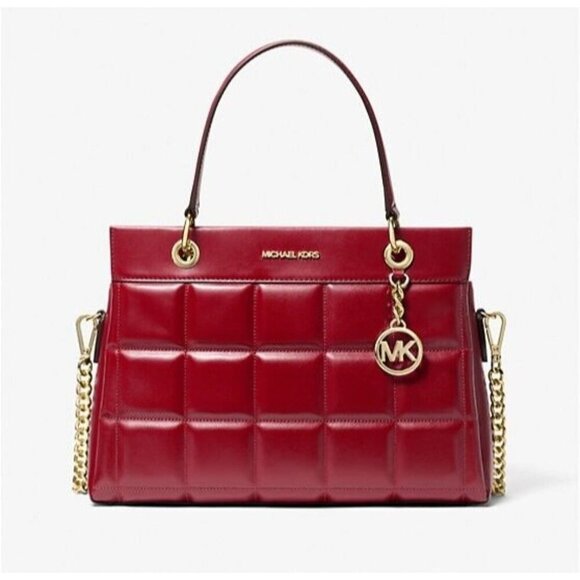 Michael Kors Susan Satchel Handbag Deep Red Leather Quilted Medium Gold Chain - Picture 1 of 3